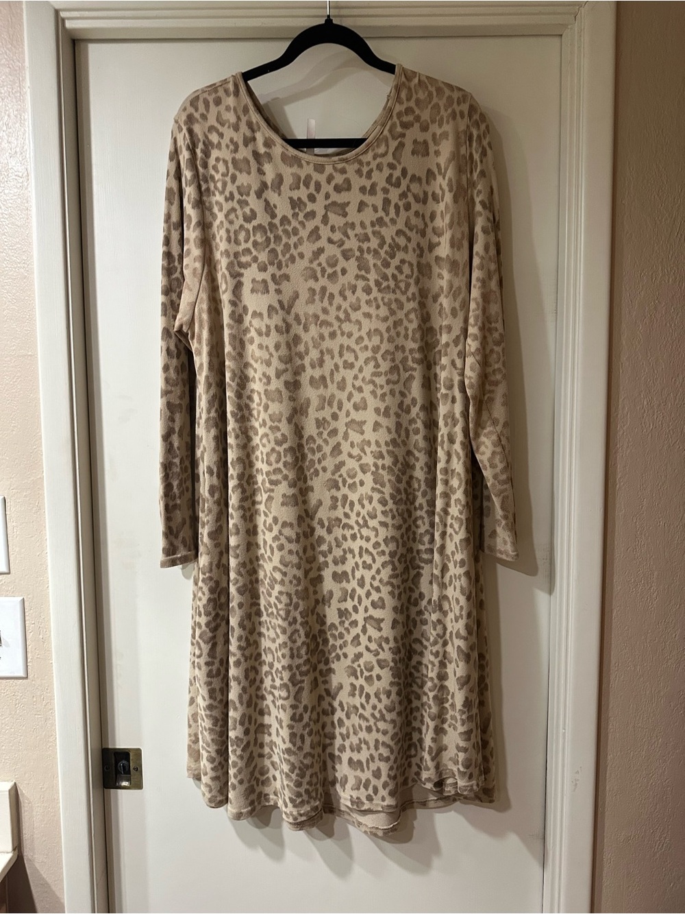 Beige and Taupe Leopard Print Long Sleeve Light Weight Sweater Dress